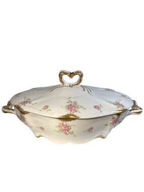 C Ahrenfeldt Limoges Covered Vegetable Dish France Porcelain Pink Rose Gold Trim